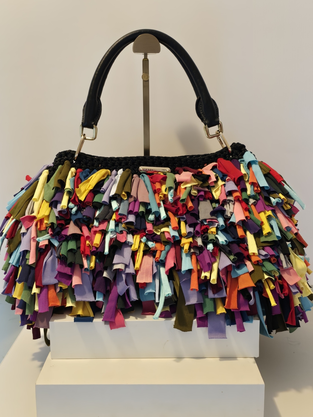 Hand Crafted Colorful Fringe Crochet Oversize Bag with Black Leather Handle - Picture 2 of 8